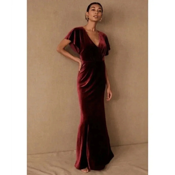 NWT Anthropologie Jenny Yoo Ellis Velvet Open Back Maxi Dress in Red Berry - Picture 1 of 15